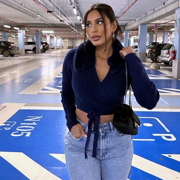 Zara Navy Blue Wool Blend Faux Fur Lapel Collar Knit Cardigan - Picture 5 of 17